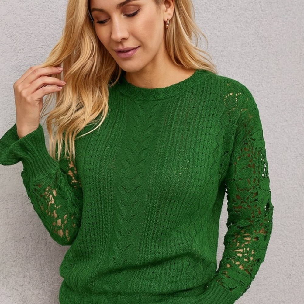 Green knit sweater with decorative crochet sleeves